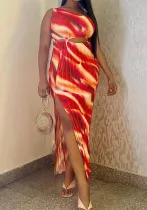 Summer Women Slash Shoulder hollow print slit bodycon dress