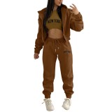 Women Plus Velvet Letter Printed Hoodies and Pant Sports Casual Three-Piece Set