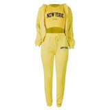 Women Plus Velvet Letter Printed Hoodies and Pant Sports Casual Three-Piece Set