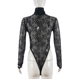 Women Autumn Sexy Long Sleeve High Neck See-Through Hollow Denim Lace Color Block Bodysuit