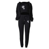 Women Plus Velvet Letter Printed Hoodies and Pant Sports Casual Three-Piece Set