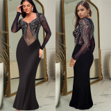 Women Beaded Solid long-sleeved dress