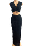 Women Solid Crop slit tassel v-neck sexy long skirt Two Piece Set