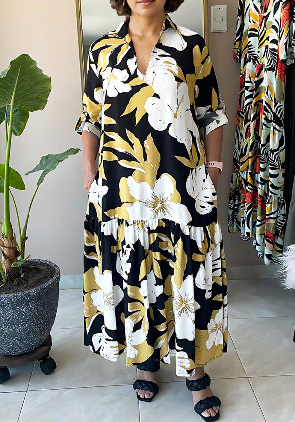 Women Printed Turndown Collar V Neck Patchwork Long Dress