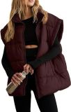 Women Solid Zipper Pocket Stand Collar Padding Vest