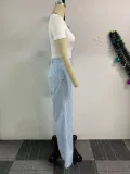 Women Round Neck Short-sleeved Striped Contrast Top and Wide-leg Pants Two-piece Set