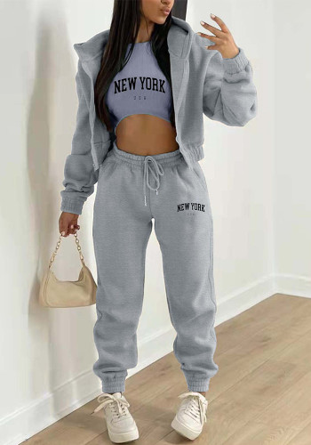 Women Plus Velvet Letter Printed Hoodies and Pant Sports Casual Three-Piece Set