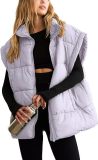 Women Solid Zipper Pocket Stand Collar Padding Vest