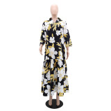 Women Printed Turndown Collar V Neck Patchwork Long Dress