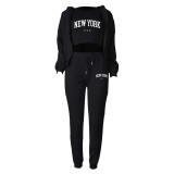 Women Plus Velvet Letter Printed Hoodies and Pant Sports Casual Three-Piece Set