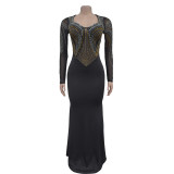 Women Beaded Solid long-sleeved dress