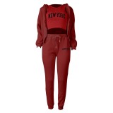 Women Plus Velvet Letter Printed Hoodies and Pant Sports Casual Three-Piece Set