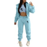 Women Plus Velvet Letter Printed Hoodies and Pant Sports Casual Three-Piece Set