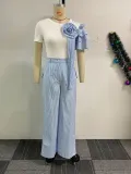 Women Round Neck Short-sleeved Striped Contrast Top and Wide-leg Pants Two-piece Set