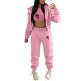 Women Plus Velvet Letter Printed Hoodies and Pant Sports Casual Three-Piece Set