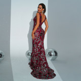 Women Sleeveless V Neck Sexy Sequin Formal Party Fishtail Maxi Evening Dress