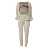 Women Plus Velvet Letter Printed Hoodies and Pant Sports Casual Three-Piece Set