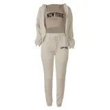 Women Plus Velvet Letter Printed Hoodies and Pant Sports Casual Three-Piece Set