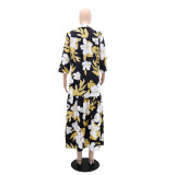 Women Printed Turndown Collar V Neck Patchwork Long Dress