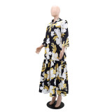 Women Printed Turndown Collar V Neck Patchwork Long Dress