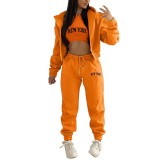 Women Plus Velvet Letter Printed Hoodies and Pant Sports Casual Three-Piece Set