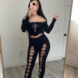 Summer Plus Size Women Hollow Sexy Solid Off Shoulder Crop Top and Pant Two Piece Set