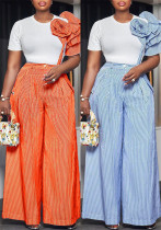Women Round Neck Short-sleeved Striped Contrast Top and Wide-leg Pants Two-piece Set