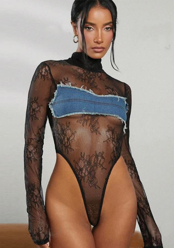 Women Autumn Sexy Long Sleeve High Neck See-Through Hollow Denim Lace Color Block Bodysuit