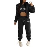 Women Plus Velvet Letter Printed Hoodies and Pant Sports Casual Three-Piece Set