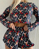 Women Christmas reindeer print long sleeve Top and shorts two-piece set