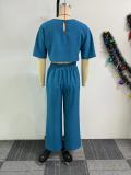 Women Solid Short-sleeved Top and Wide-leg Pants Two-piece Set