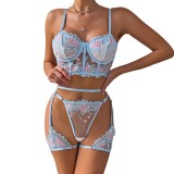 Women's sexy lingerie sexy embroidery Three-Piece garter bra thong set