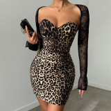 Autumn sexy fashion See-Through Lace Bell Bottom long-sleeved leopard print Bodycon dress