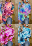 Spring and autumn tie-dye printed long-sleeved slash-shoulder casual loose t-shirt