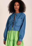 Women's Autumn and Winter high Street Trend Lace-up Long Sleeve Loose Denim Top