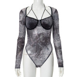 Sexy See-Through Mesh print Halter Neck long sleeve Tight Fitting women's sexy jumpsuit