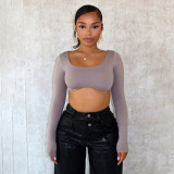 Women's Round Neck Sexy Crop long Sleeve Low Back Top T-shirt