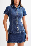 Women's Denim Short-sleeved button tight slim top high waist skirt two piece set