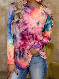 Spring and autumn tie-dye printed long-sleeved slash-shoulder casual loose t-shirt