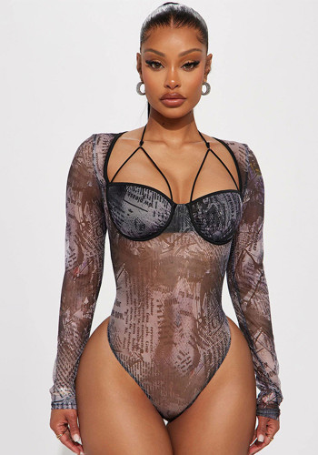 Sexy See-Through Mesh print Halter Neck long sleeve Tight Fitting women's sexy jumpsuit