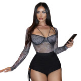 Sexy See-Through Mesh print Halter Neck long sleeve Tight Fitting women's sexy jumpsuit