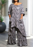 Women's autumn fashion Casual Plus Size stripes irregular top wide leg pants two-piece home clothes