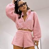 Autumn and Winter Women's Fluffy Casual zipper long sleeve two piece shorts Set