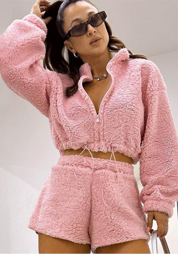 Autumn and Winter Women's Fluffy Casual zipper long sleeve two piece shorts Set