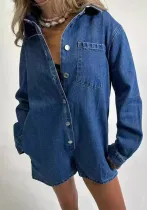 Autumn Street Trend Turndown Collar Long Sleeve Shorts Denim Jumpsuit