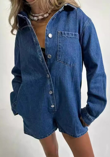 Autumn Street Trend Turndown Collar Long Sleeve Shorts Denim Jumpsuit