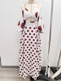 Off Shoulder bubble sleeve fishbone polka dot women's long dress