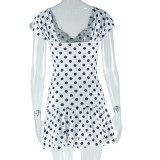 Women's fashion polka dot print sexy hollow off-shoulder short-sleeved casual bubble dress