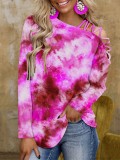 Spring and autumn tie-dye printed long-sleeved slash-shoulder casual loose t-shirt