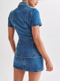 Women's Denim Short-sleeved button tight slim top high waist skirt two piece set